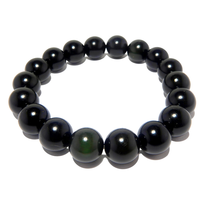 Black beaded obsidian bracelet showing a hint of green rainbow