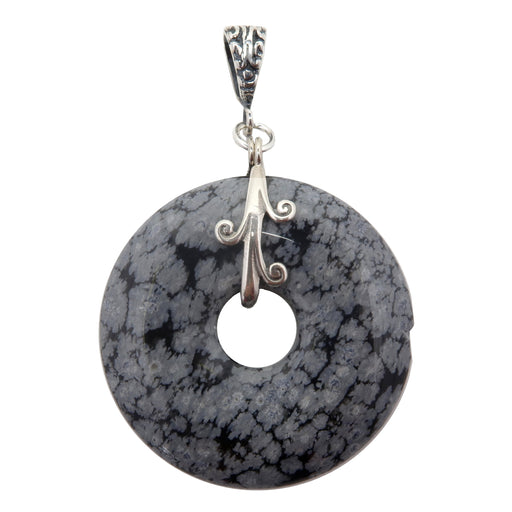 black and gray snowflake obsidian donut in sterling silver pendant
