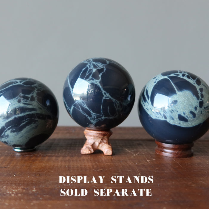 3 Spiderweb Obsidian Spheres on wood stands