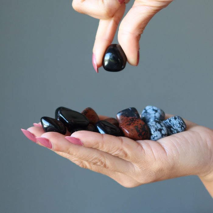 Obsidian Tumbled Stone Set Safety Black Snowflake Mahogany