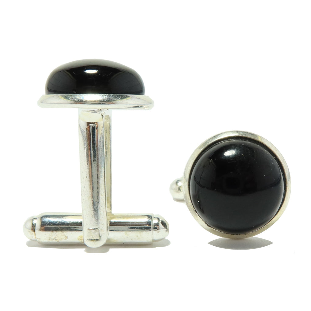 PLATTED BRASS CUFFLINK - ONYX HALF BARREL