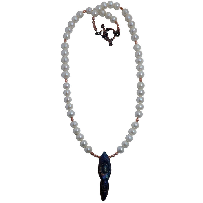 white pearls beaded with copper and rainbow raku goddess pendant
