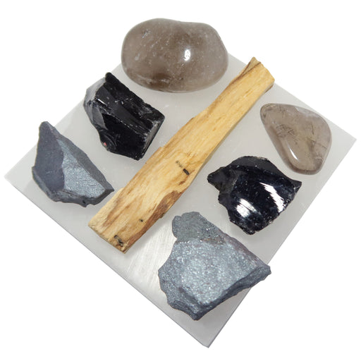 obsidian, hematite, smoky quartz, selenite slab, palo santo