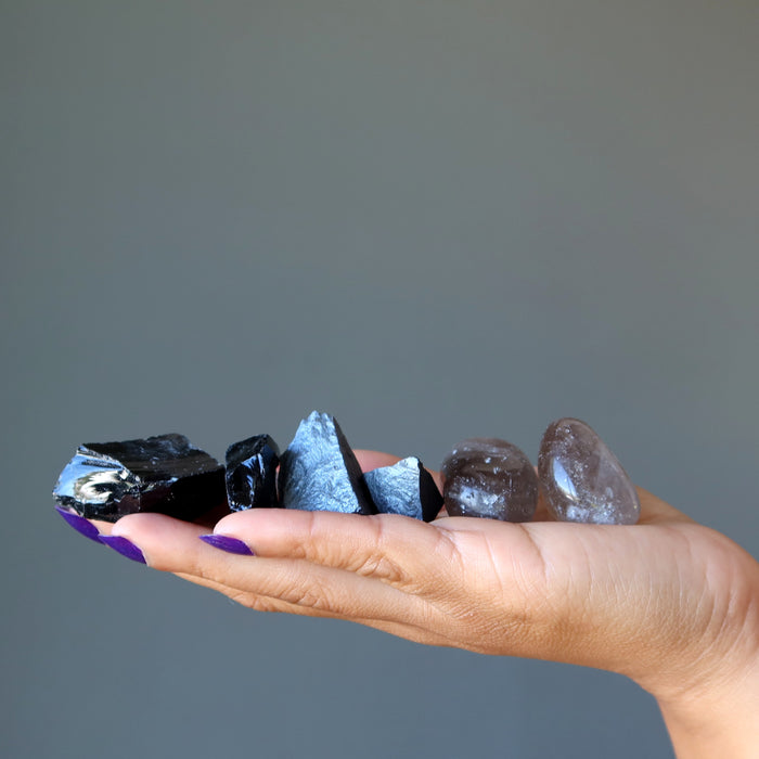 obsidian, hematite, smoky quartz stones