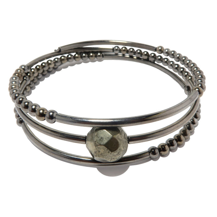 faceted pyrite on 3 coils of gunmetal beaded memory wire bracelet