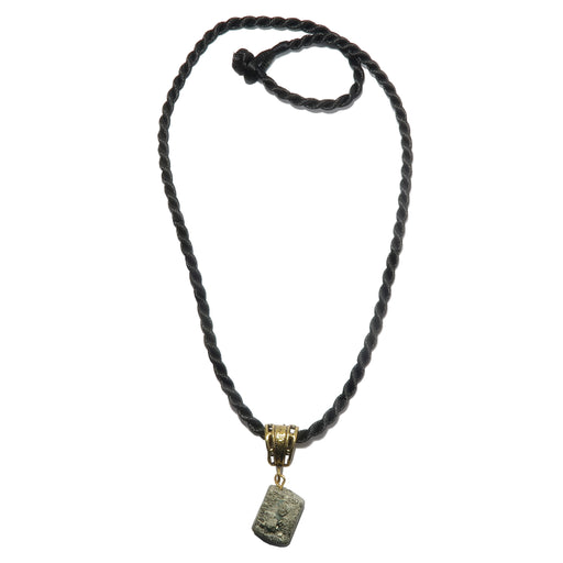 raw pyrite crystal on gold bail on twisted black necklace