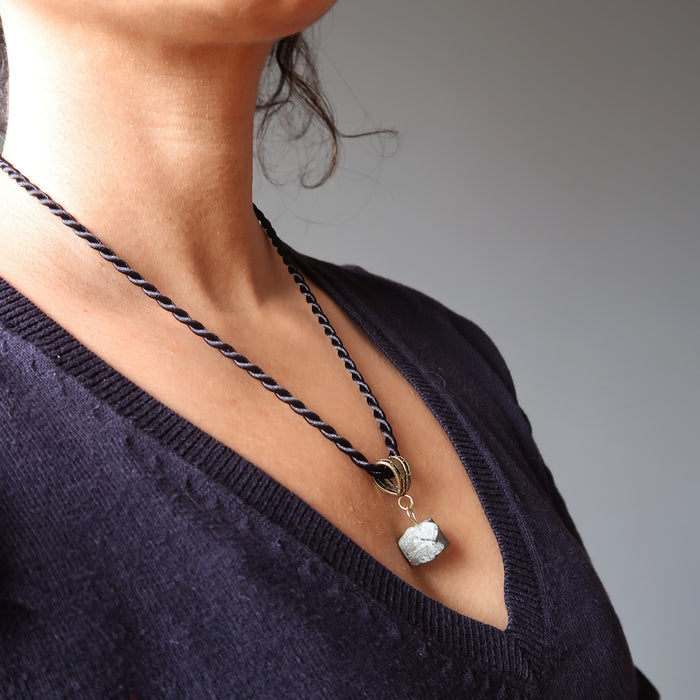 woman wearing pyrite nugget necklace