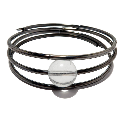 clear quartz gunmetal beaded 3-coil memory wire wrap bracelet