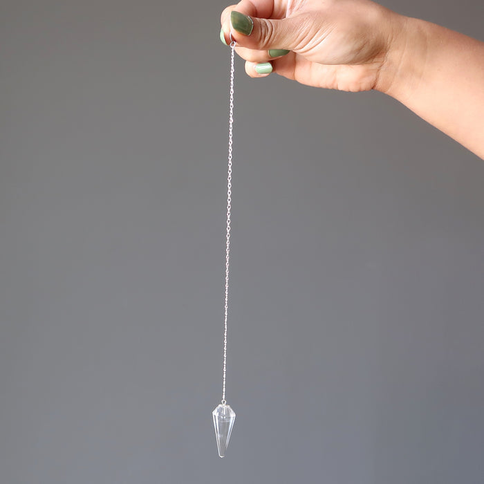 multi faceted clear quartz pendulum on sterling silver chain
