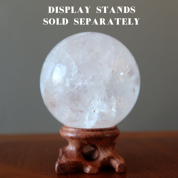  clear quartz rainbow sphere on wood display stand