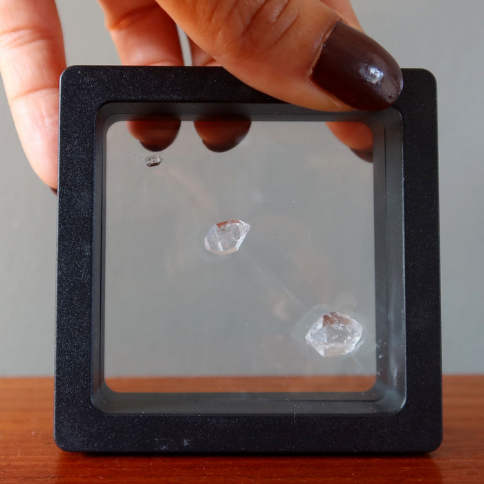 holding 3 Double Terminated Raw Clear Quartz gemstones in zero gravity case