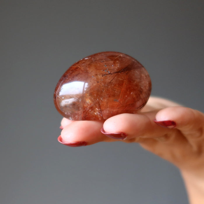 Rutilated Quartz Palm Stone Red Line of Fire Crystal
