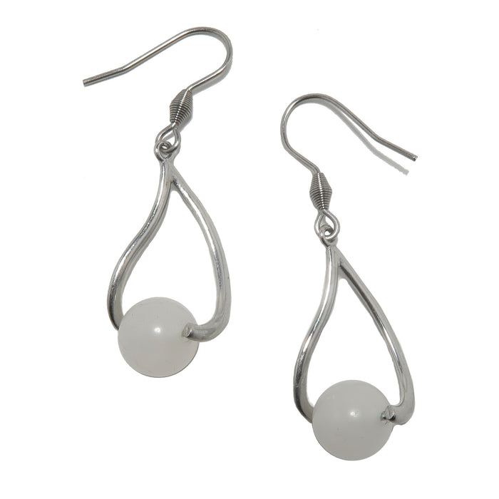 white snow quartz round beads on silver earrings