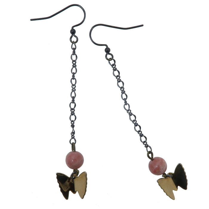 pink rhodochrosite round beads with gold butterfly charms on gunmetal chain earrings