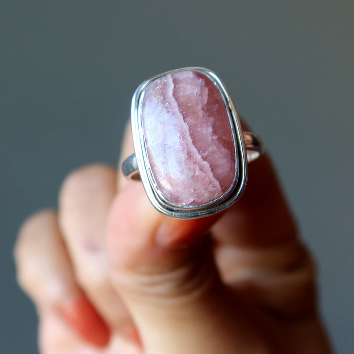 Rhodochrosite Ring My Big Love Pink Rectangle Crystal