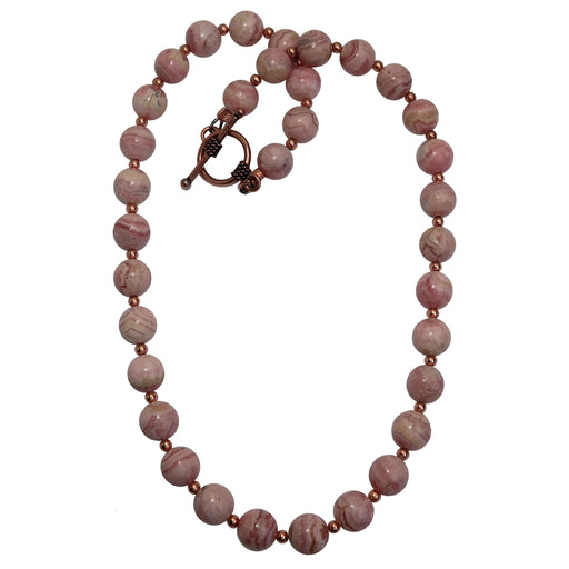 round rhodochrosite and copper beaded necklace with toggle clasp