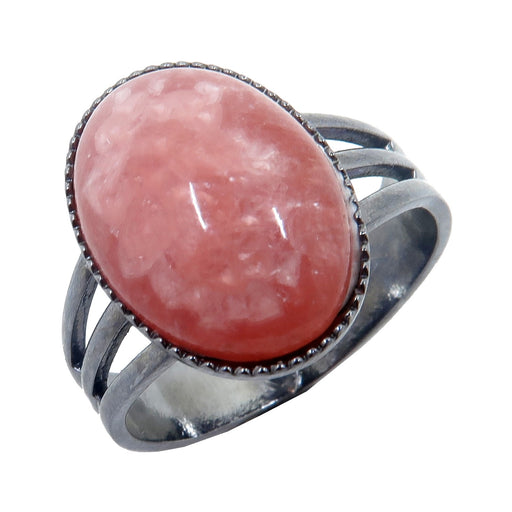 pink rhodochrosite oval in gunmetal adjustable ring