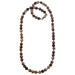 mottled red, yellow, cream birds eye rhyolite round beads on necklace