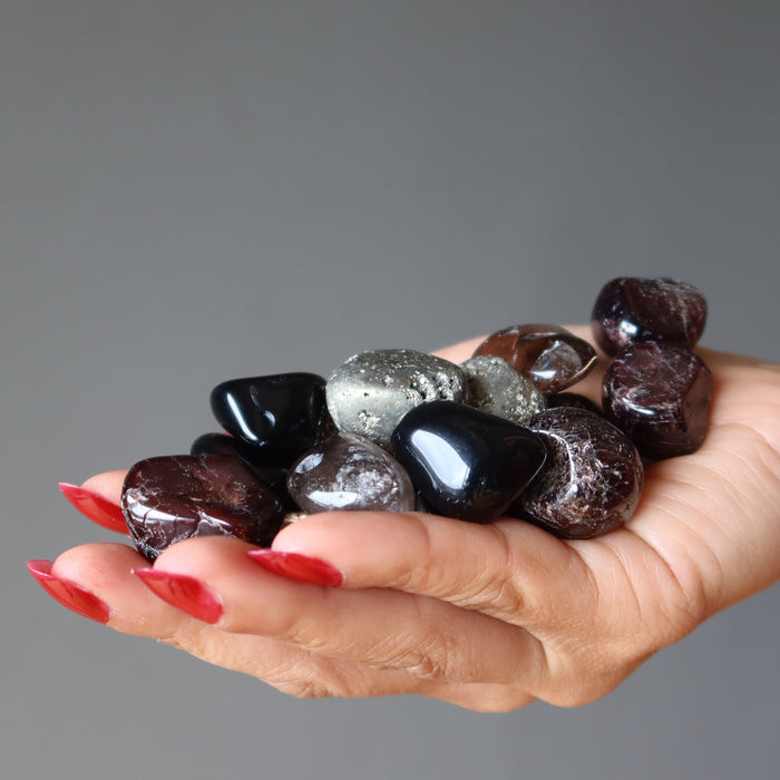 Root Chakra Tumbled Stone Set Garnet Obsidian Pyrite Smoky Quartz