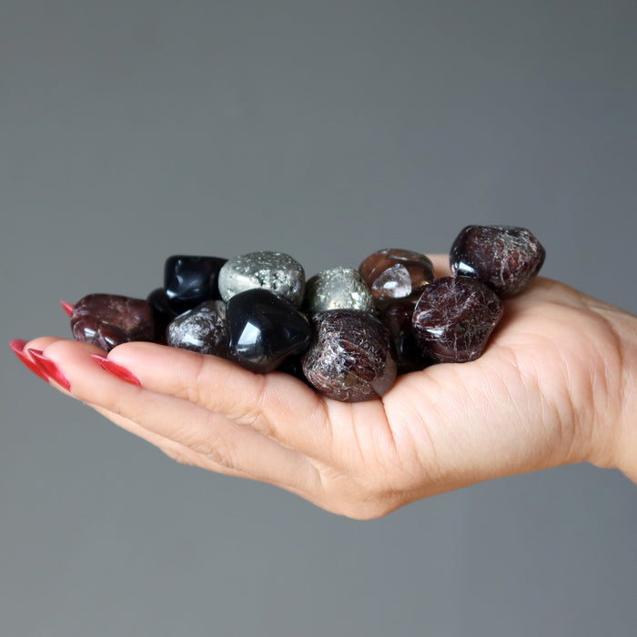 Root Chakra Tumbled Stone Set Garnet Obsidian Pyrite Smoky Quartz