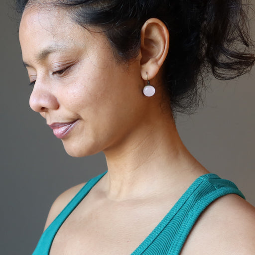sheila of satin crystals wearing rose quartz leverback earrings