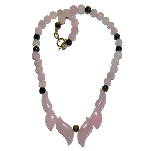 pink rose quartz flame necklace with brown tigers eye accent beads and gold toggle clasp