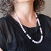 rose quartz and smoky quartz necklace on female