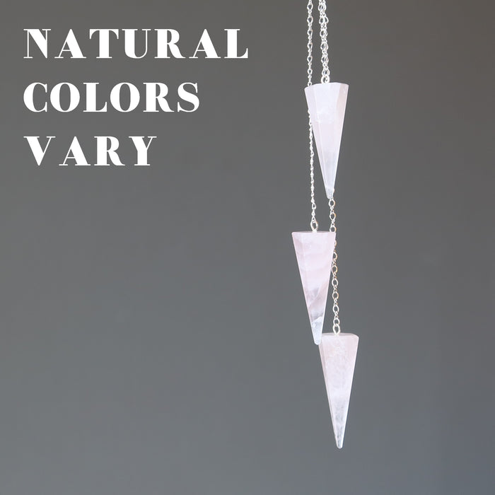 3 rose quartz pendulums showing natural colors vary