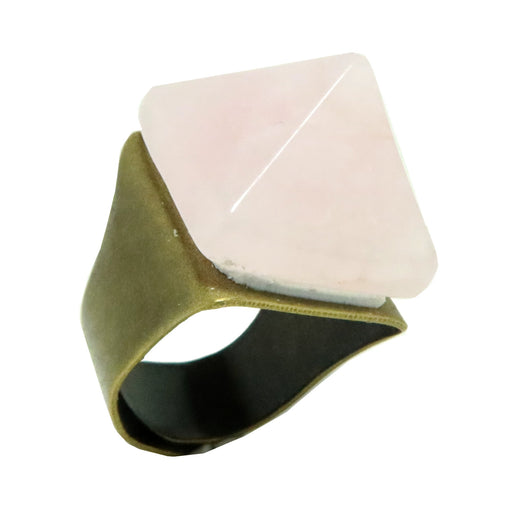 pink rose quartz pyramid on adjustable bronze ring
