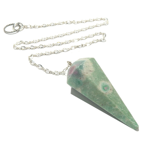 green, white and pink ruby fuchsite pendulum on sterling silver chain