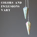 two ruby fuchsite pendulums to show that colors and inclusions vary