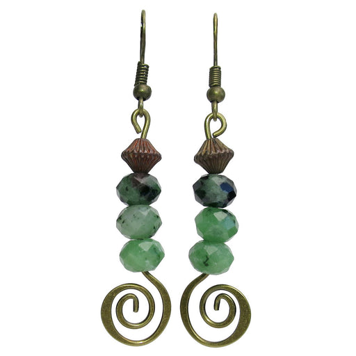 ruby zoisite faceted gemstones on antiqued brass spiral dangle earrings