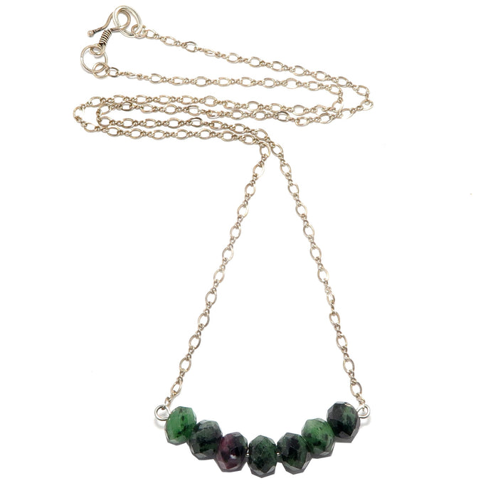 green and black zoisite with red rubies faceted gemstones on sterling silver necklace