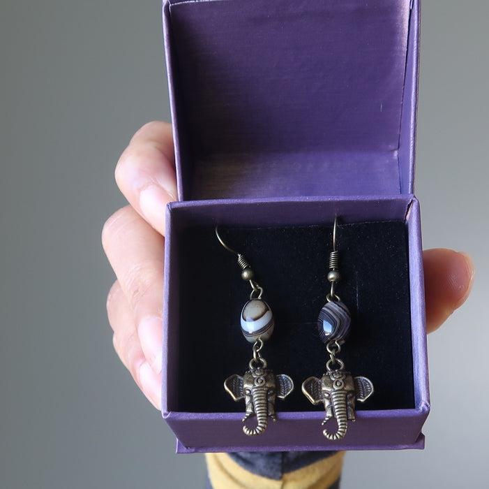 hand holding sardonyx elephant earrings in purple gift box