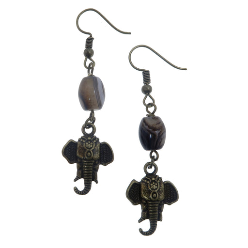 banded white and brown sardonyx wrapped with brass elephant head charm on antique brass earwires