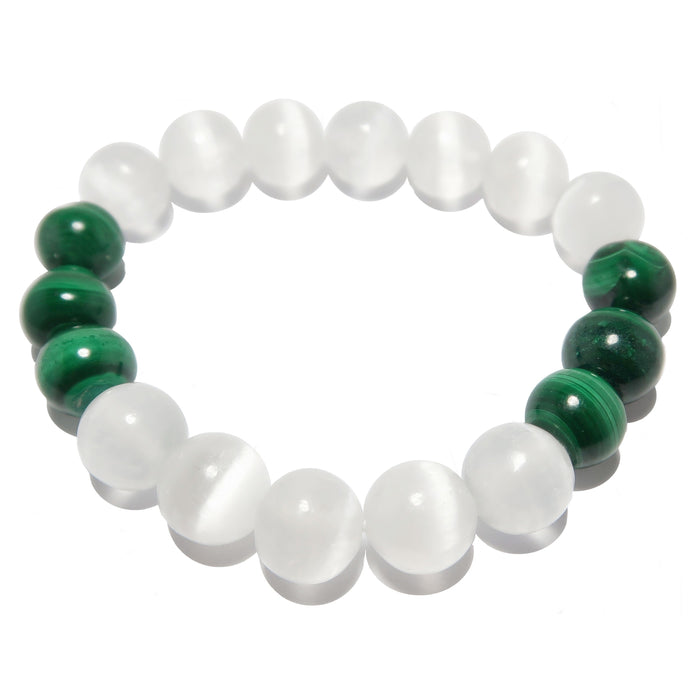 white selenite and green malachite round gemstone beaded stretch bracelet