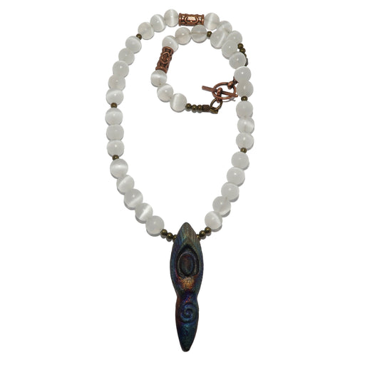 white selenite beaded with antique beads and a goddess raku pendant