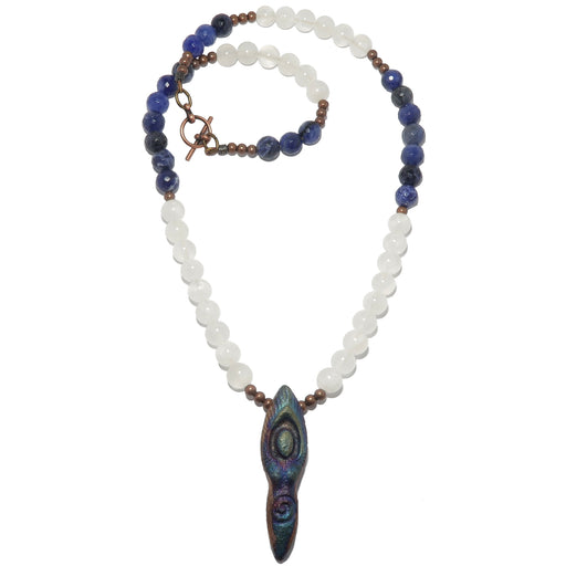 white selenite, faceted blue sodalite and antique brass beads on goddess raku pendant necklace