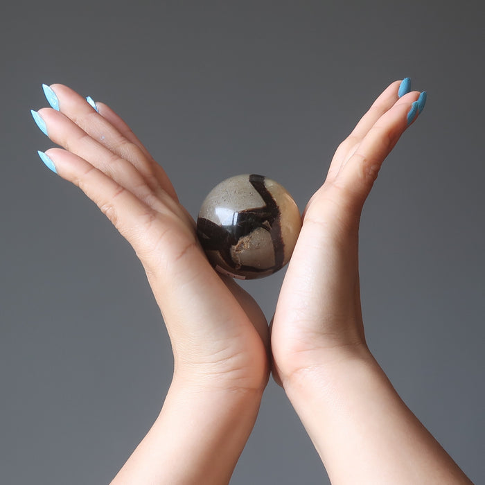 hands holding up a septarian sphere between the palms