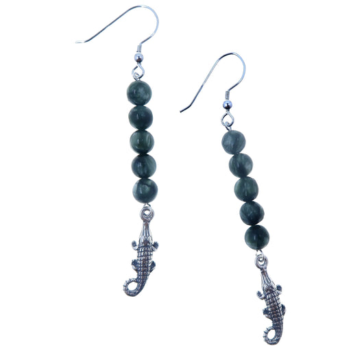 sterling silver dangle earrings with beaded green seraphinite rounds and alligator charms