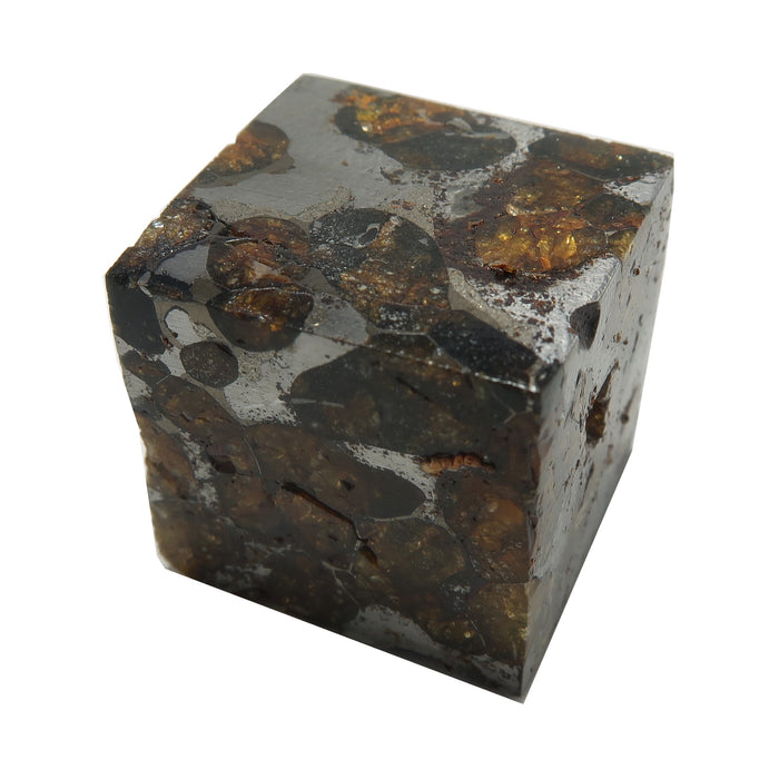 silver and orange sericho meteorite cube