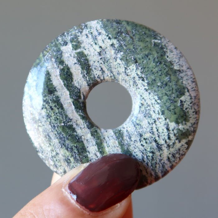 Serpentine Gemstone Donut Kundalini Green Striped Stone