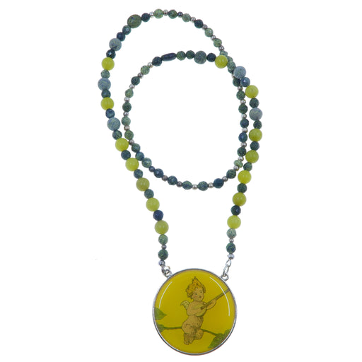 Cupid angel round pendant hangs on the beaded yellow quartz and green Serpentine necklace