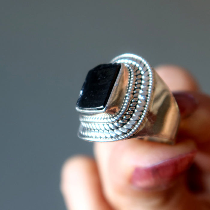 Shungite Ring Business Black Rectangle Stone Sterling Silver