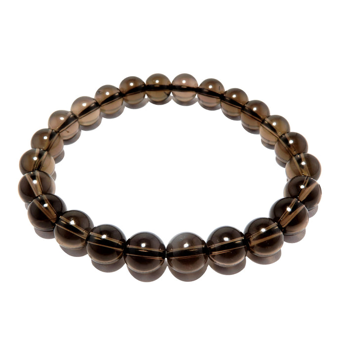 translucent dark brown smoky quartz stretch bracelet, beaded with 7mm round beads on elastic cord. handmade in usa at satin crystals boutique.