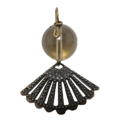 translucent brown Smoky Quartz stone polished into a round bead and wrapped with a metal woven fan charm