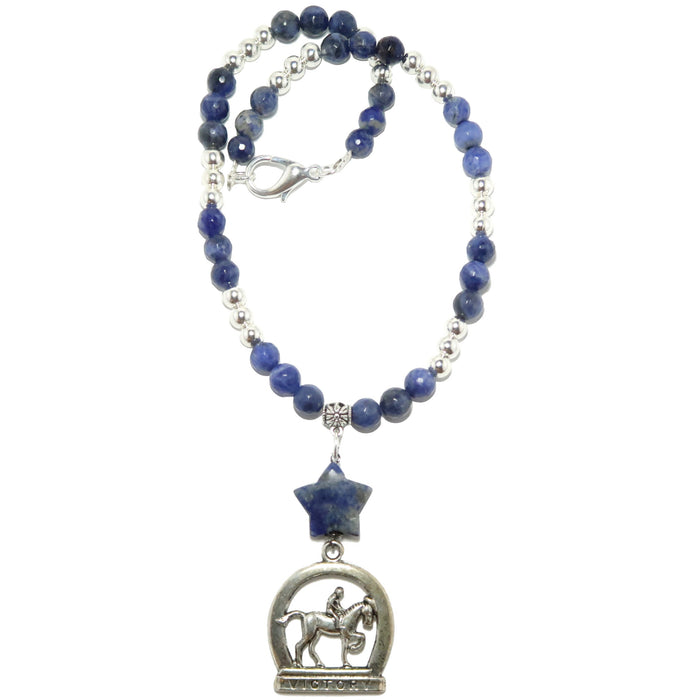 sodalite stones are beaded with silver accent beads and hang with star shaped sodalite and horse charm
