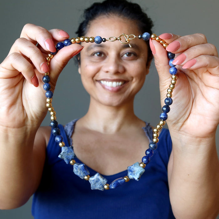 Sodalite Necklace Stars Spirituality Blue Gold Gemstones