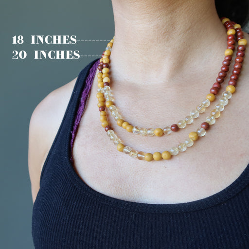sheila of satin crystals wearing red jasper, yellow jasper and citrine beaded necklace in 18 and 20 inches