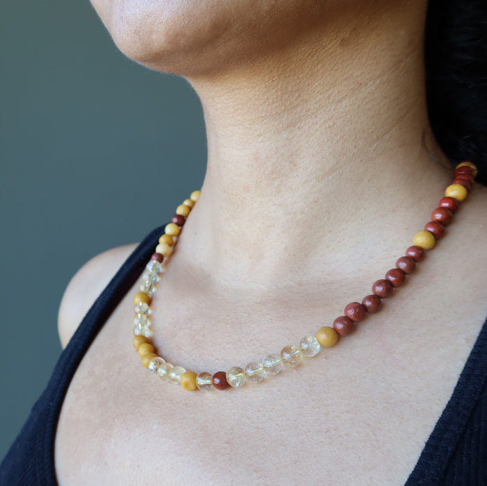 sheila of satin crystals wearing a red jasper, yellow jasper and citrine beaded necklace